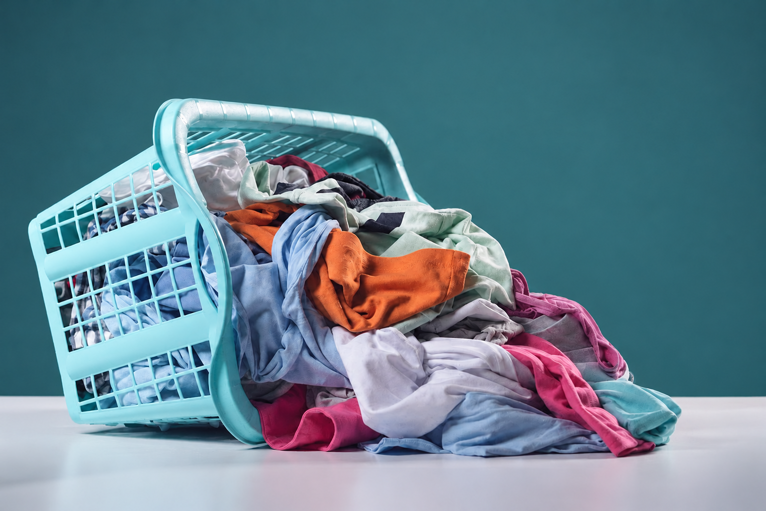 A basket overflowing with everyday clothes